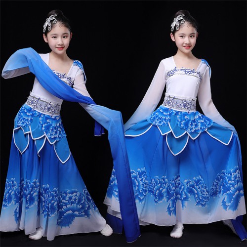 Girls kids Chinese folk dance costumes petal water sleeves fairy drama cosplay dress ancient traditional dance dress